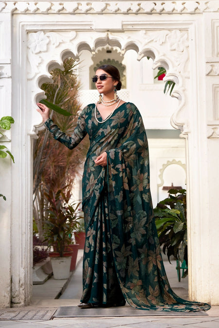 Vastranavya Bottle Green Lurex Brasso Floral Printed Saree with Unstitched Blouse