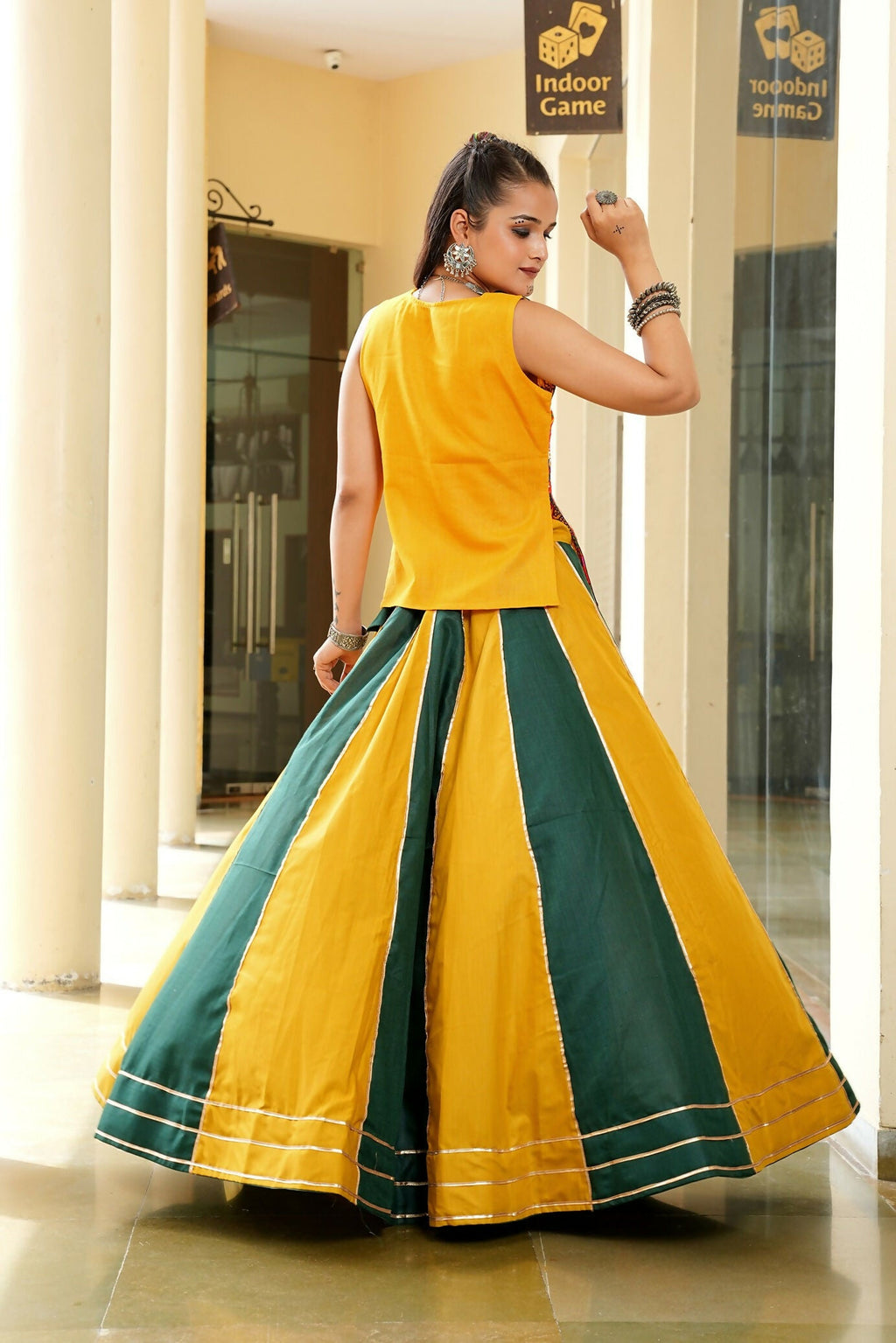 AI Fashion Mustard & Green Cotton Designer Navratri Wear Lehenga Choli Collection