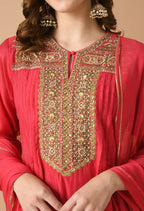 Joban Fashion Red Chanderi Kurta Set