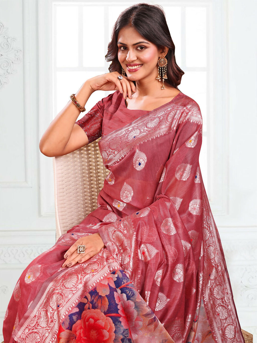 Shree Shyam Fashion Linen Cotton Rust Saree - Distacart