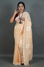 Exclusive Collection Cream Pure Cotton Saree With Sunflower Design - Distacart