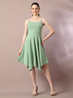 Myshka Women's Sea Green Solid Shoulder Straps Fit and Flare Party Dress - Distacart