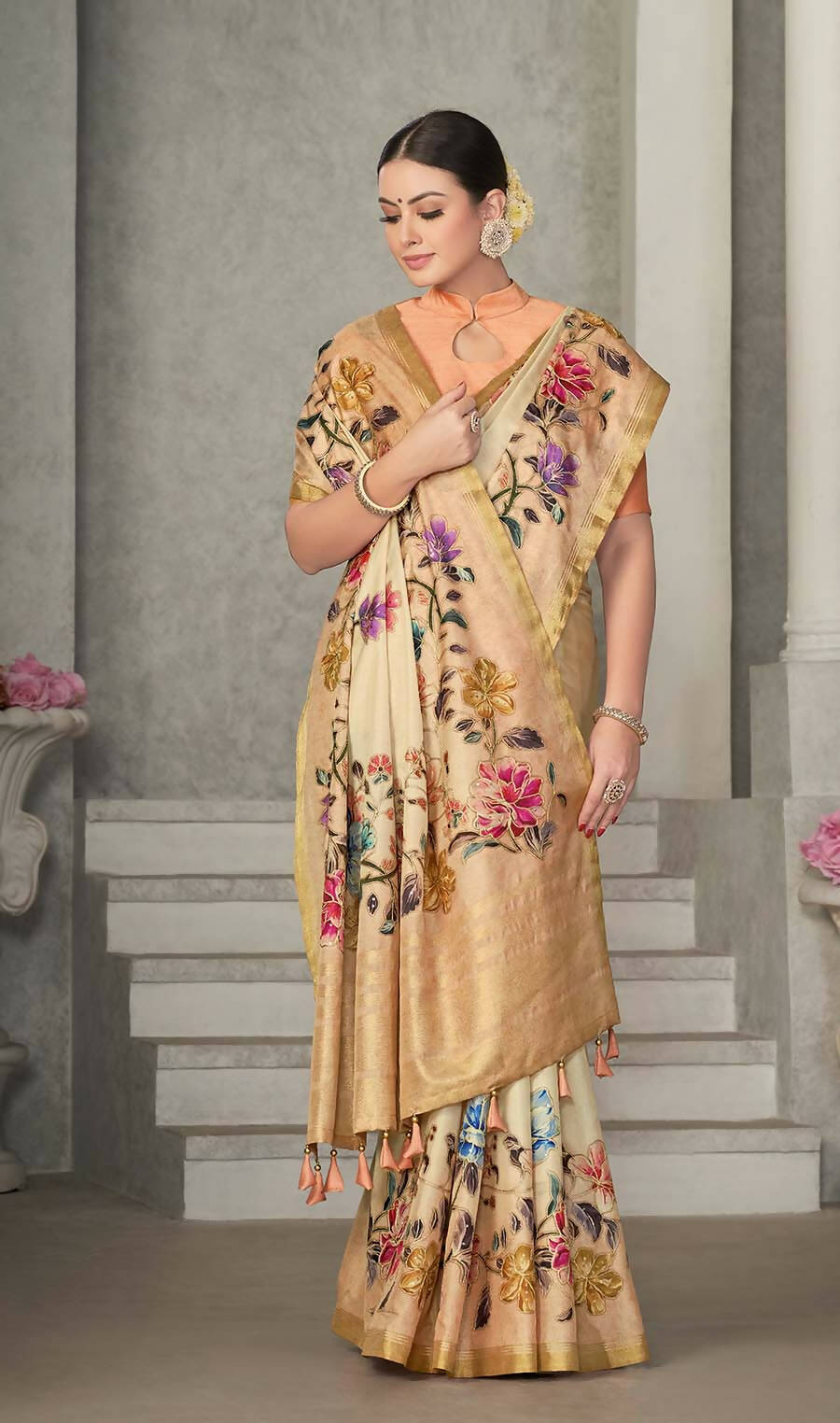 Beige Rangkat Tussar Silk Woven Design Saree with Unstitched Blouse - Mohmanthan Eshani