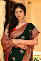 Joban Fashion Emerald Green Crepe Chiffon Pure Handloom Banarasi Silk Saree