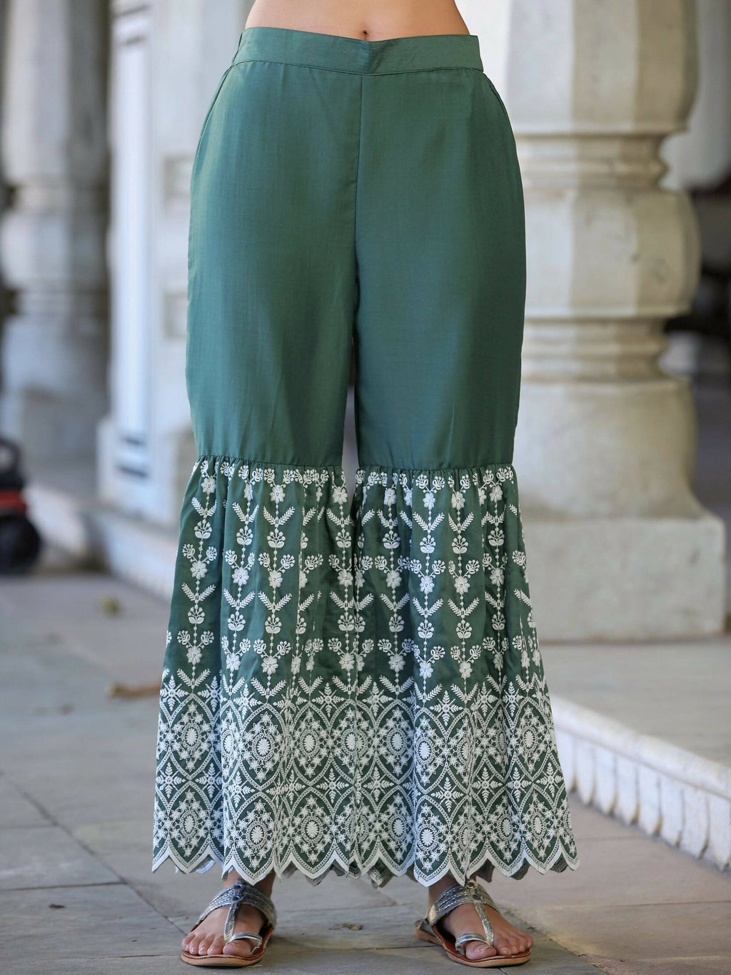 Juniper Women's Green Chinnon Embroidered Kurta Garara Set - Distacart
