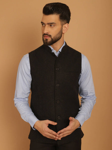 Even Apparels Pure Wool Nehru Jacket - Charcoal