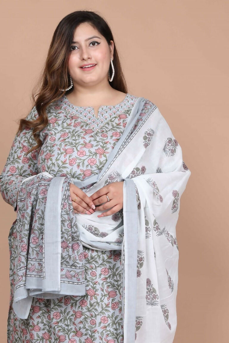 Miravan Women's Plus Size Blue Floral Printed Gota Patti Cotton Kurta With Palazzo And Dupatta Set