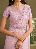Pink Crepe Georgette Silk Sequence Embroidered With Stone Work Saree With Stitched Blouse - Mohmanthan La Belle