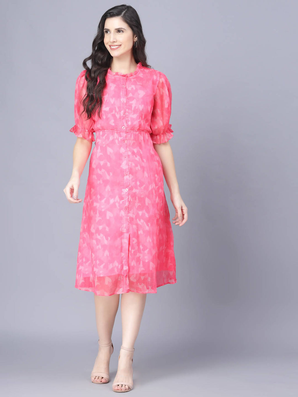 Myshka Women Pink White Floral Organic Cotton Midi Dress - Distacart