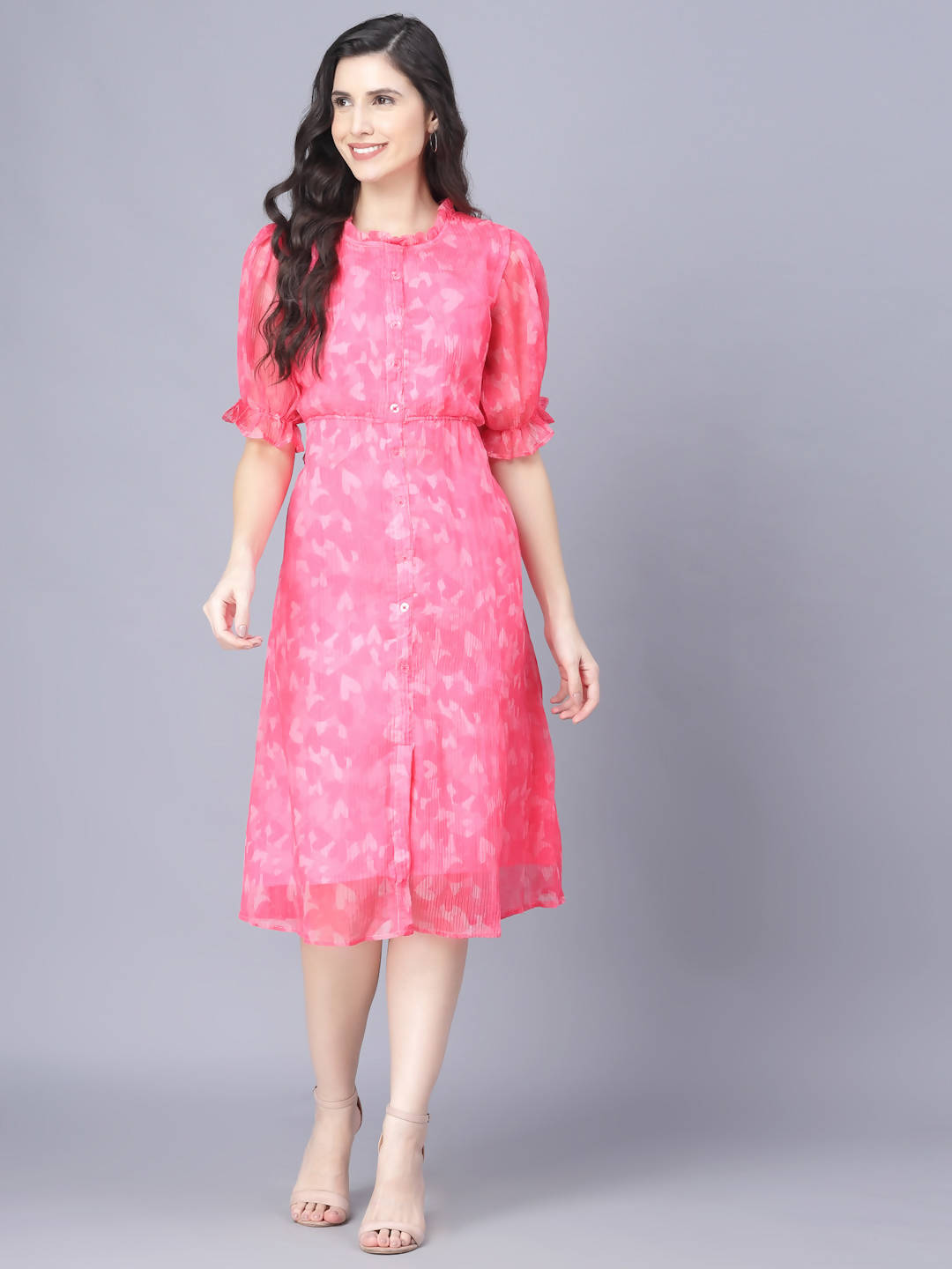 Myshka Women Pink White Floral Organic Cotton Midi Dress - Distacart