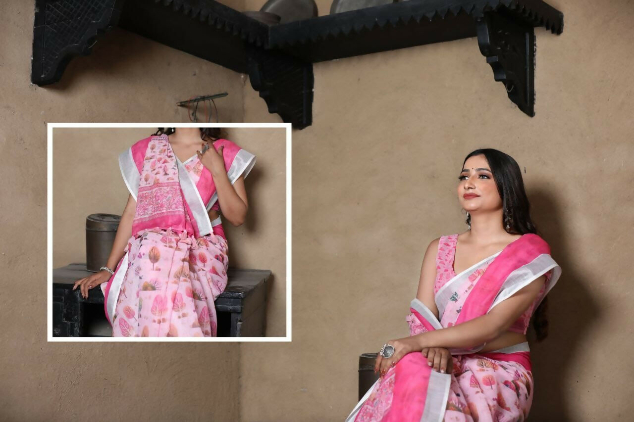 Prime Volt Linen Cotton Pink Printed Saree with Contrast Zari Border and Designer Blouse - Distacart