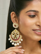 Nuyug 22K Gold-Plated Elegant Ruby & Kundan Stone Studded With Pearl Beaded Floral Chandbalis - Distacart