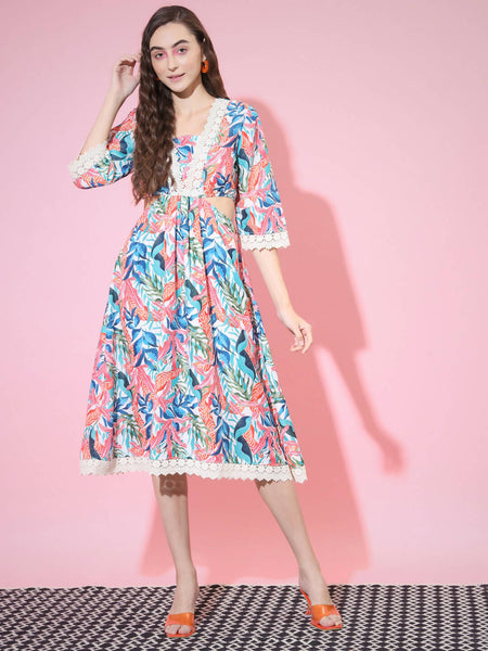 Myshka Women's Multi Floral Printed Fit and Flare Dress