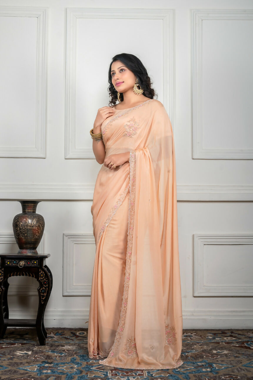 Morchari Beige Chiffon Hand Embroidery Saree And Stitched Blouse - Distacart