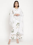 Ahalyaa Women's White Crepe Digital Print Kurta Palazzo Set With Dupatta