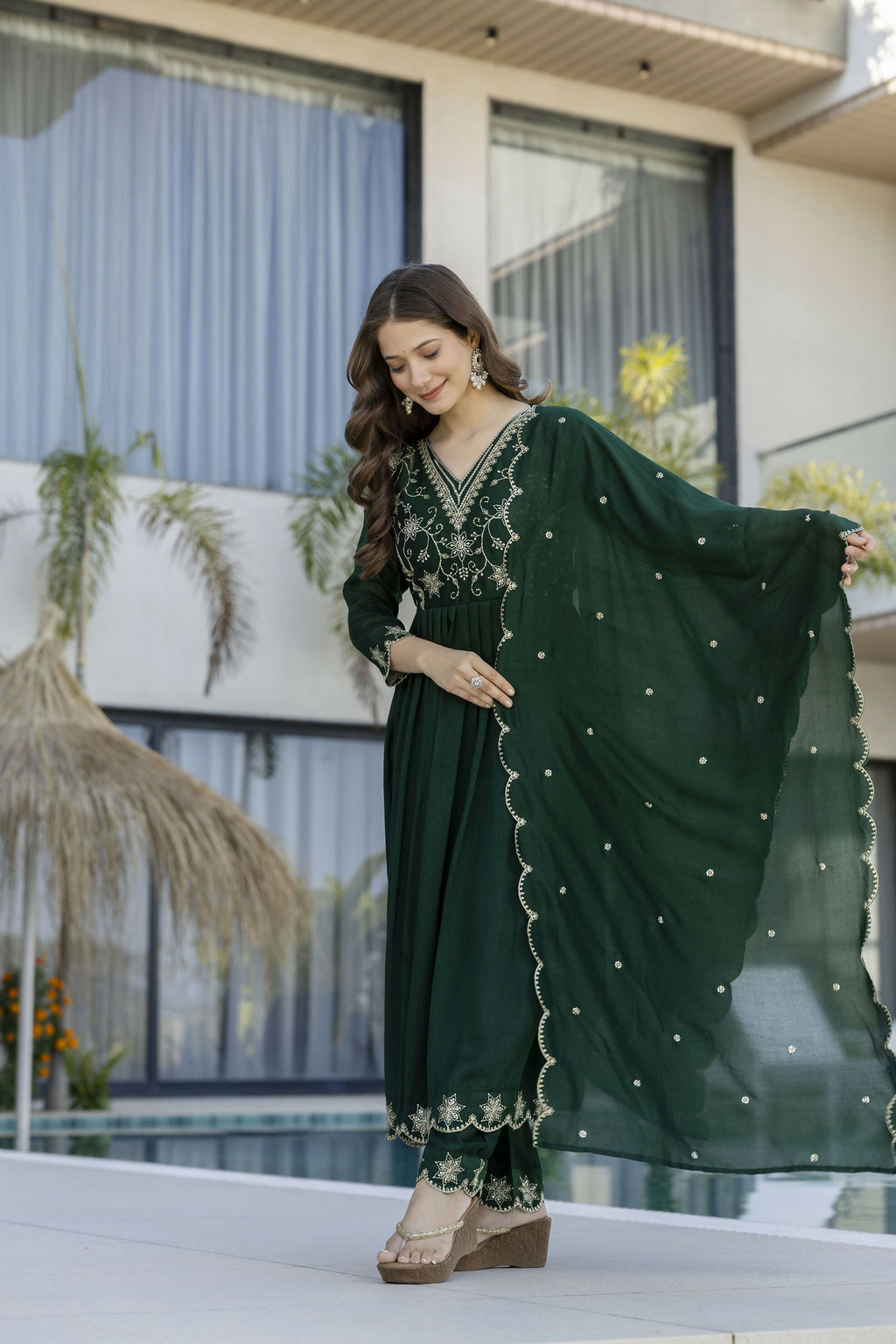 The52 Women's Beautiful Embroidery Work Vichitra Silk Fabric Flared Anarkali Pant and Dupatta Set - Distacart