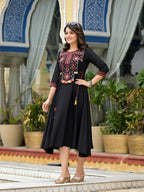 Juniper Women's Black Thread Embroidered Liva Rayon A-Line Dress With Tassel Kaudis & Doris At Waist