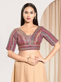 Joban Fashion Purple Multi Brocade Padded Blouse With V Neck Elbow Sleeves - Distacart