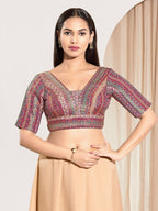 Joban Fashion Purple Multi Brocade Padded Blouse With V Neck Elbow Sleeves - Distacart