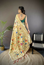 Joban Fashion Off-White  Zari Woven Floral Motifs Soft Silk Paithani Silk Saree - Distacart