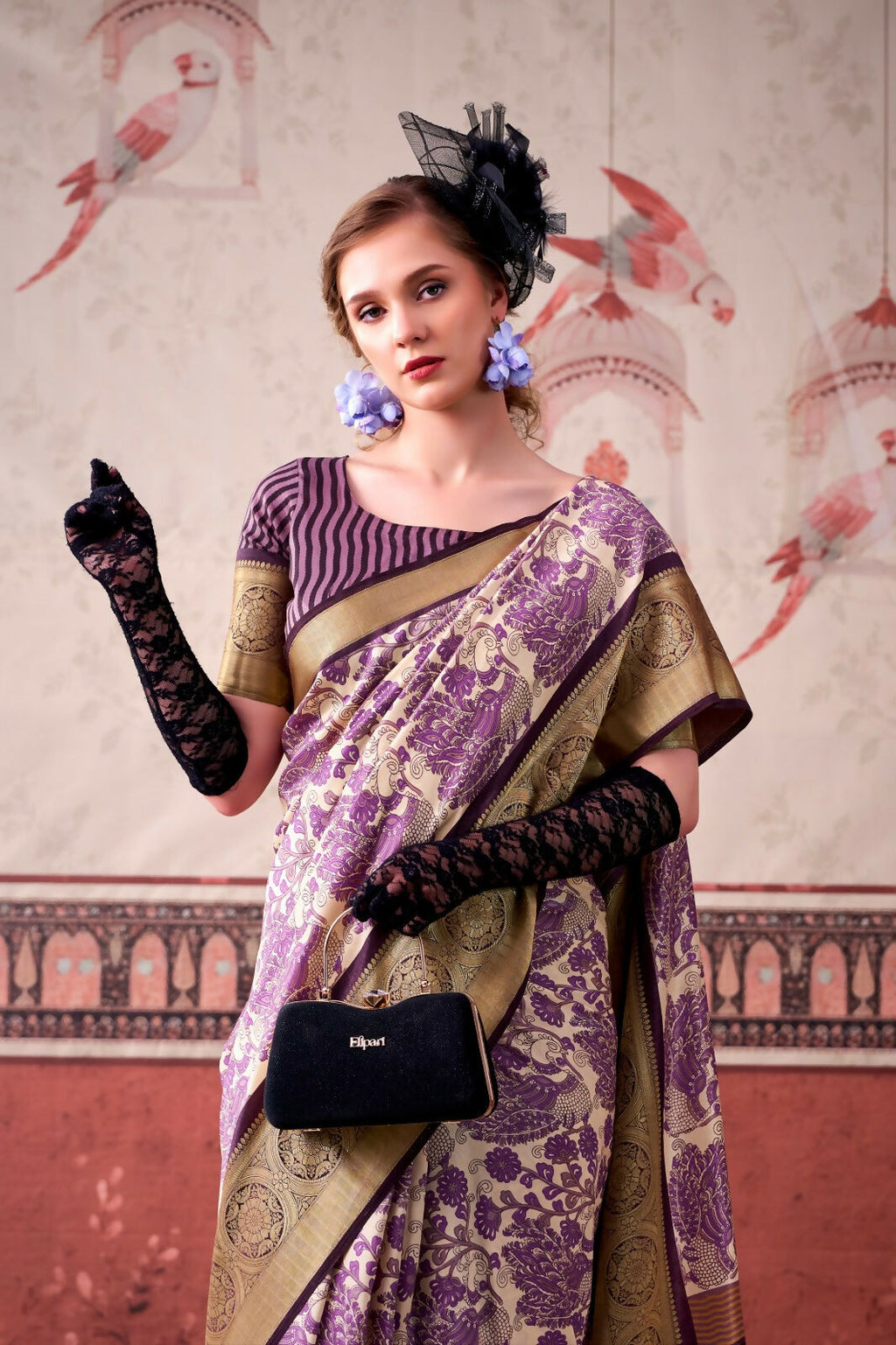 Vastranavya Lavender Tussar Silk Printed with Viscose Border Saree & Unstitched Blouse - Distacart