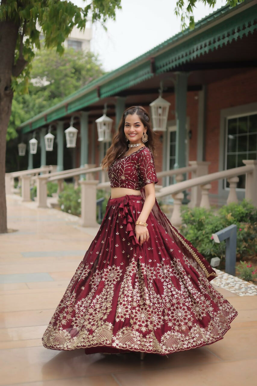Vastranavya Designer Heavy Sequins & Thread Embroidered work Lehenga Choli - Maroon
