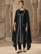 Jyoti Fashion Women's Black Velvet Floral Resham Thread with Jari work Kurta with Trouser & Dupatta