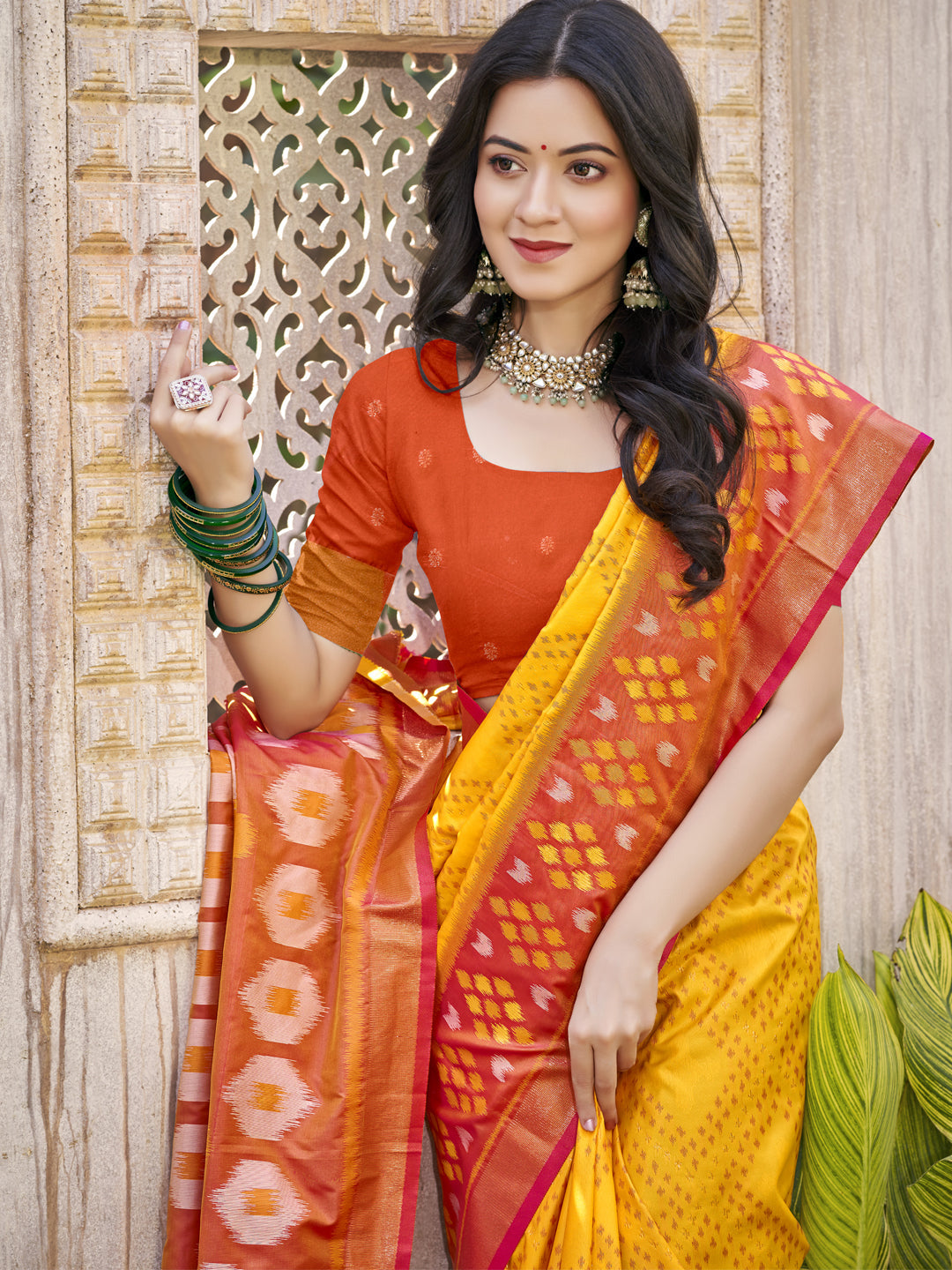 Anaita Yellow Pochampally Silk Saree With Floral Printed Work With Blouse - Distacart