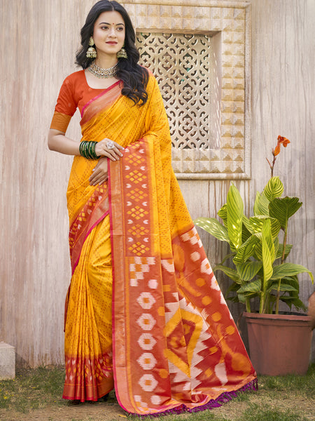 Anaita Yellow Pochampally Silk Saree With Floral Printed Work With Blouse