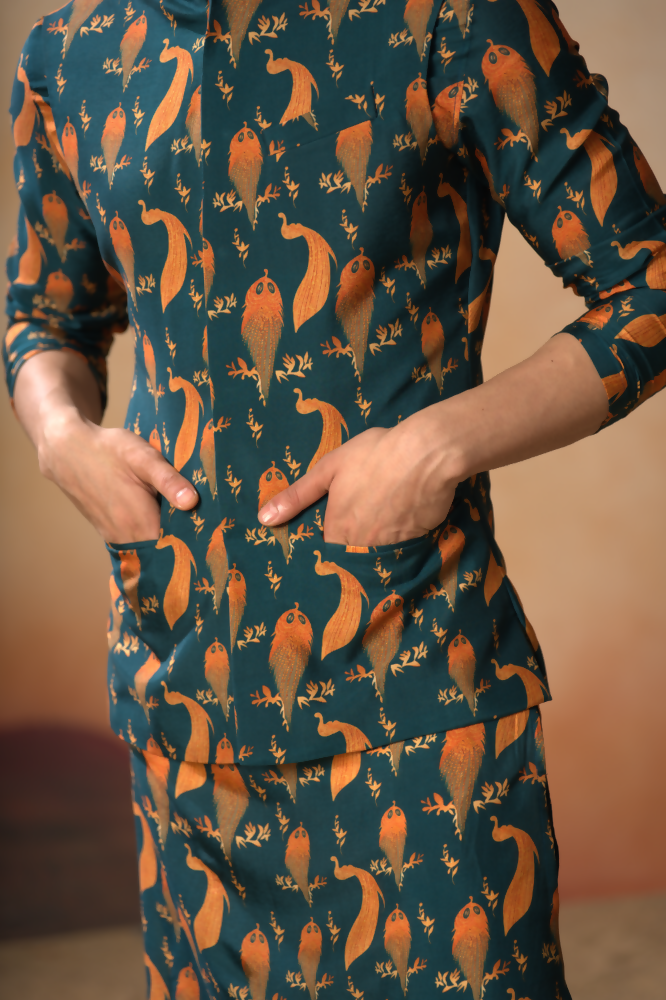 Peacock Oasis Nehru Jacket Set With Orange Hues by Hilo Design