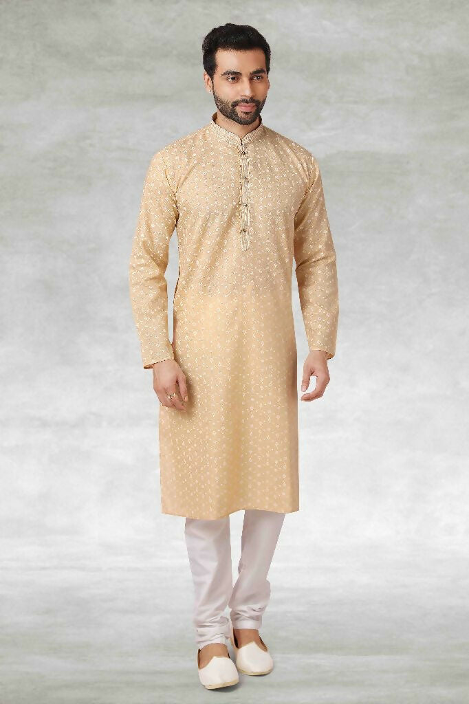 Raivat Ethnic Cotton Printed Work Kurta Pajama In Beige Colour