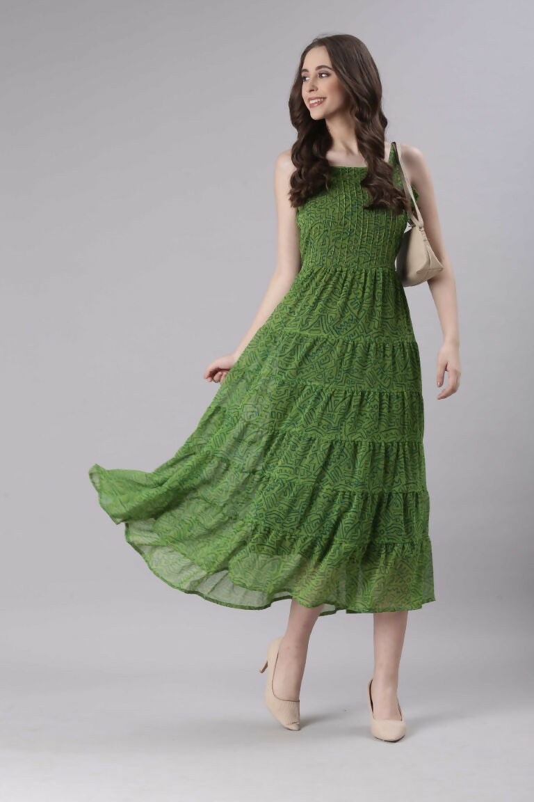 Souchii Green Varlie Printed Tiered Dress – Flowy Fit & Flare