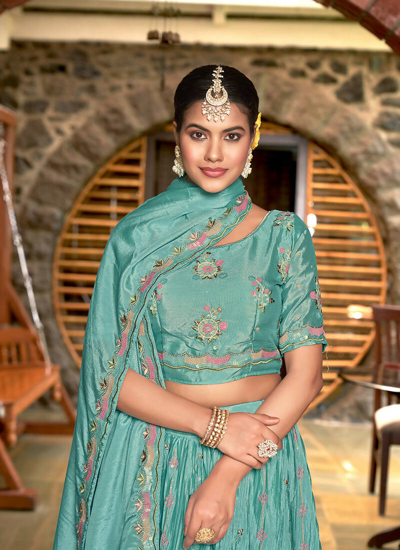 Sky Blue Chinon Crushed Sequence and Thread Embroidery Work Lehenga Choli with Dupatta - Viharini