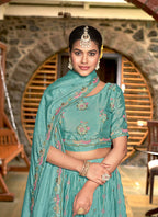 Sky Blue Chinon Crushed Sequence and Thread Embroidery Work Lehenga Choli with Dupatta - Viharini
