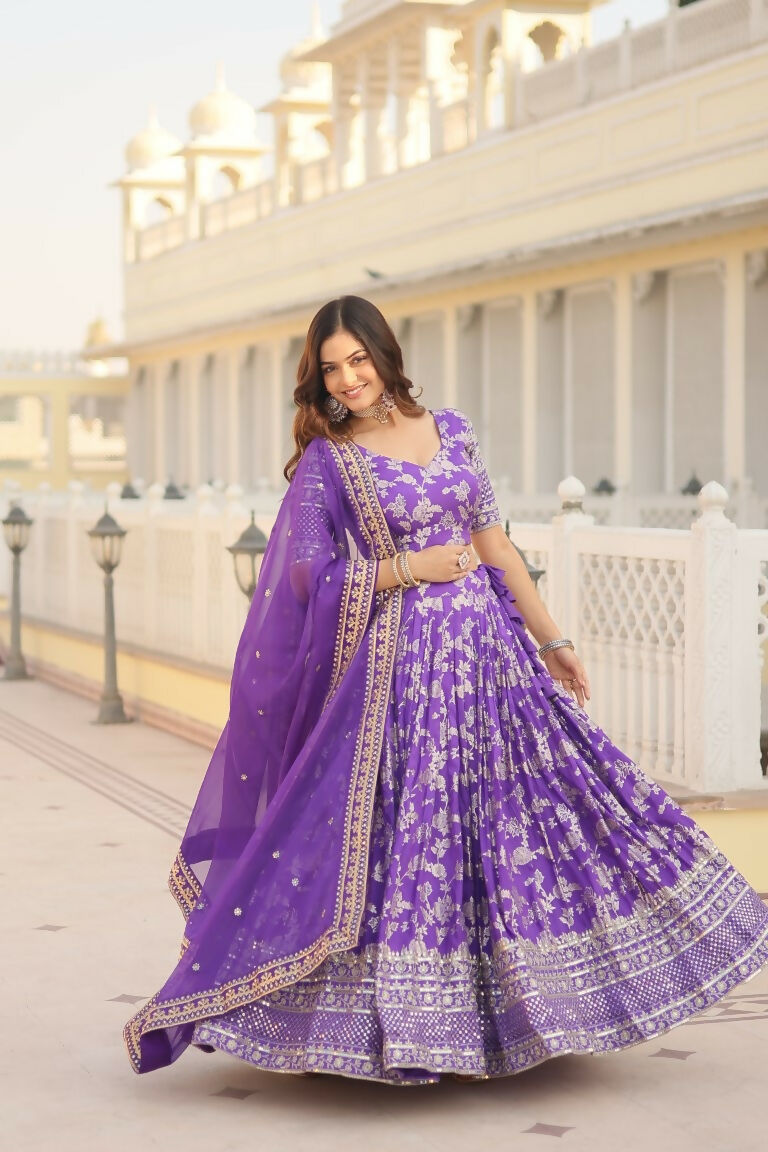 Vastranavya Designer Dyeable Pure Viscose Jacquard Fabric Lehenga Choli & Dupatta Set - Purple