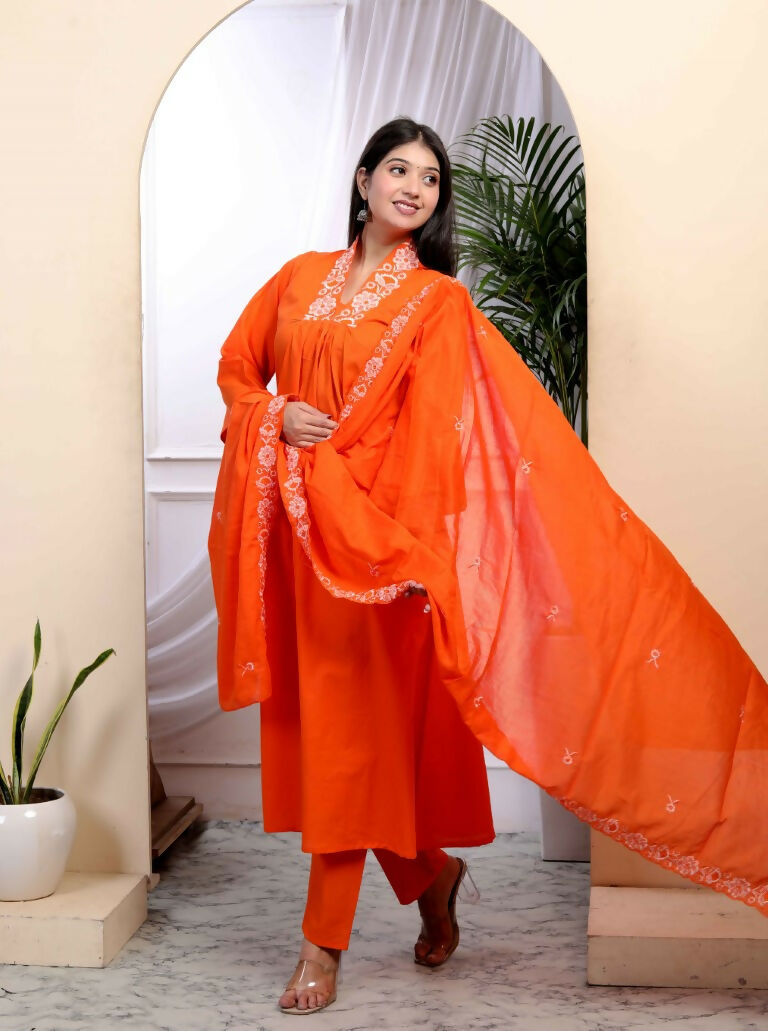 Miravan Women's Orange Cotton Embroidered A-Line Kurta And Palazzo With Dupatta Set
