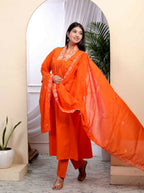 Miravan Women's Orange Cotton Embroidered A-Line Kurta And Palazzo With Dupatta Set