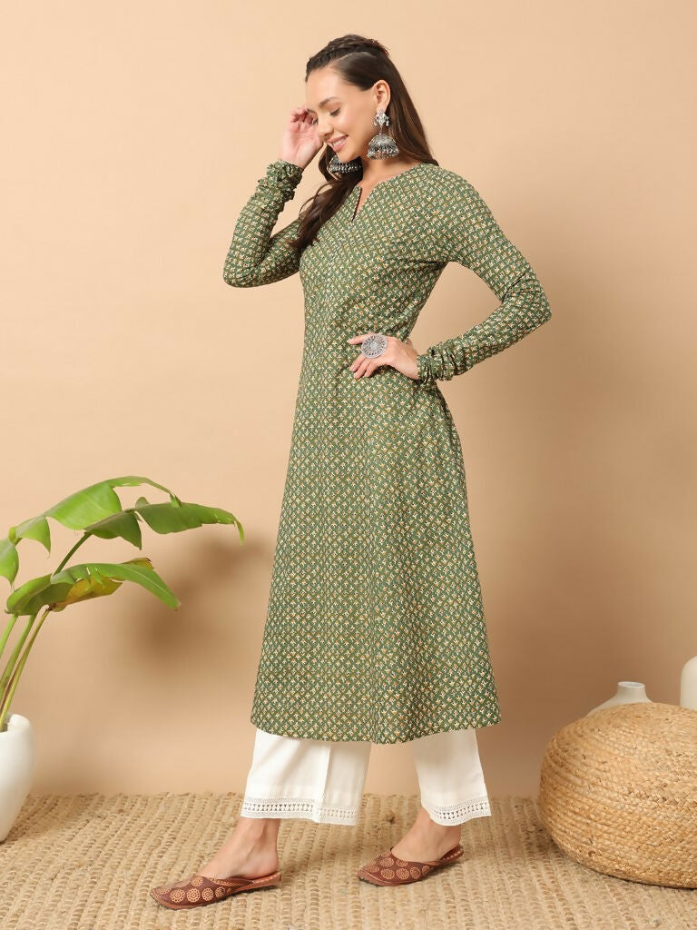 FIORRA Women's Floral Printed Red Cotton A-Line Kurta