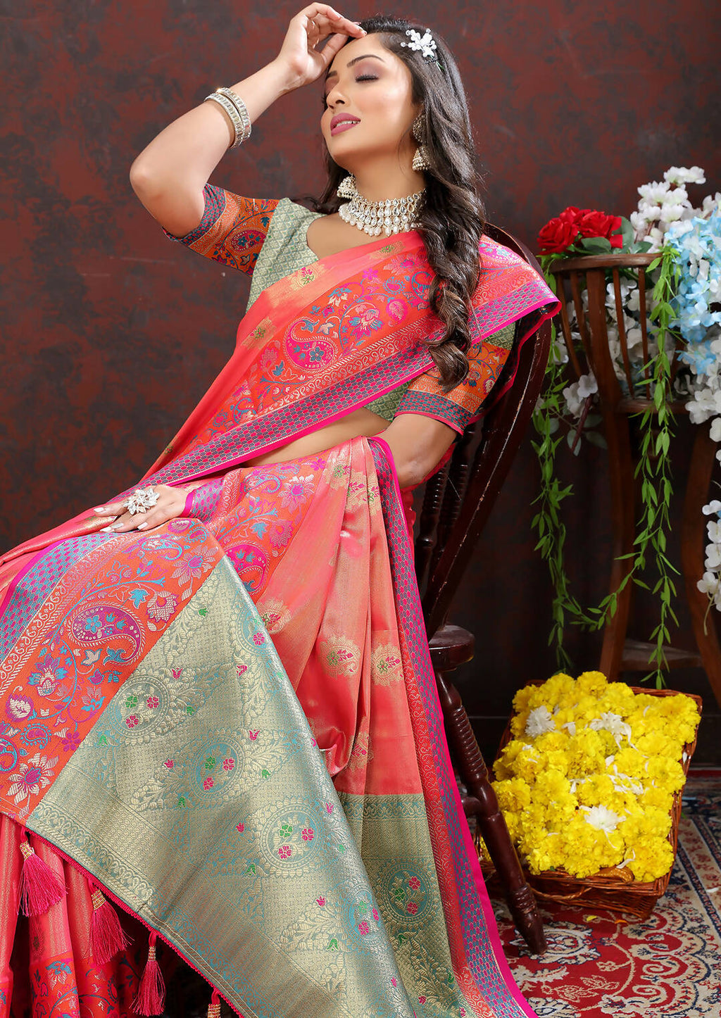 Lorenvalley Fashion Peach Kanjivaram Silk Woven Design with Zari Weaving Saree