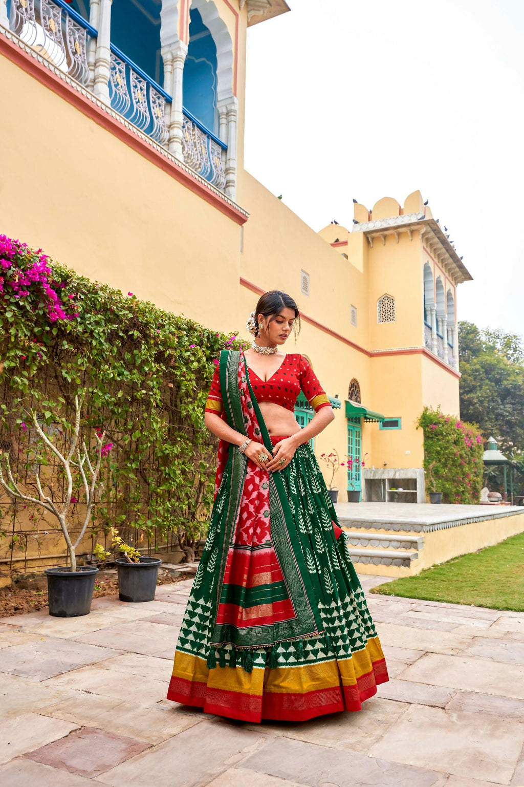 Vastranavya Printed and Foil Work Tussar Silk Lehenga with Unstitched Blouse - Green