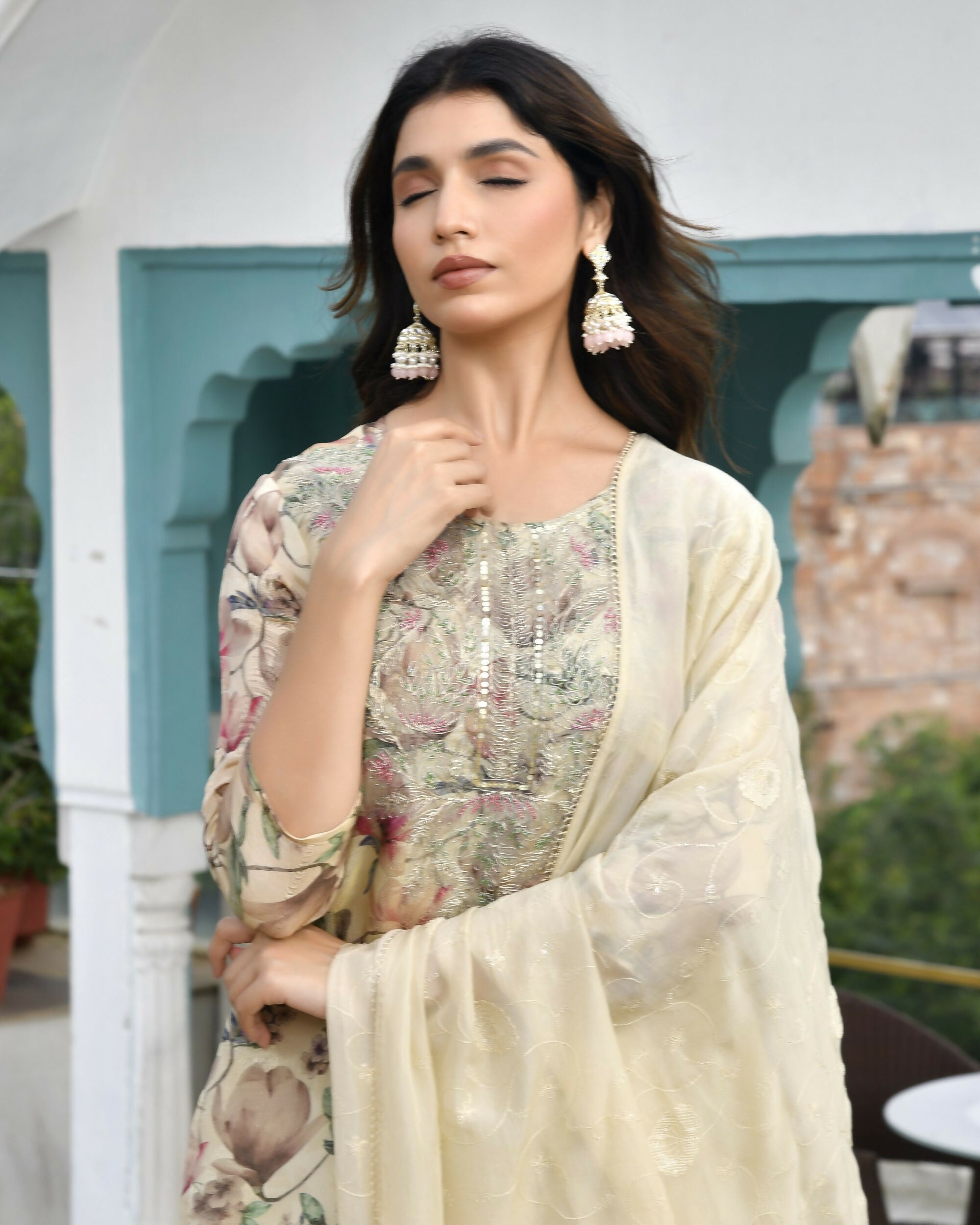 Vaasva Women's Cream Tissue Embroidered Suit Set With Solid Pant And Embroidered Dupatta