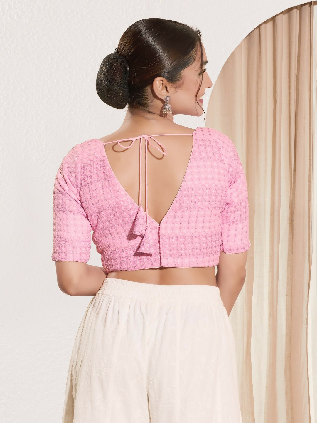 Joban Fashion Baby Pink Crochet Padded Blouse With V Neck Elbow Sleeves - Distacart