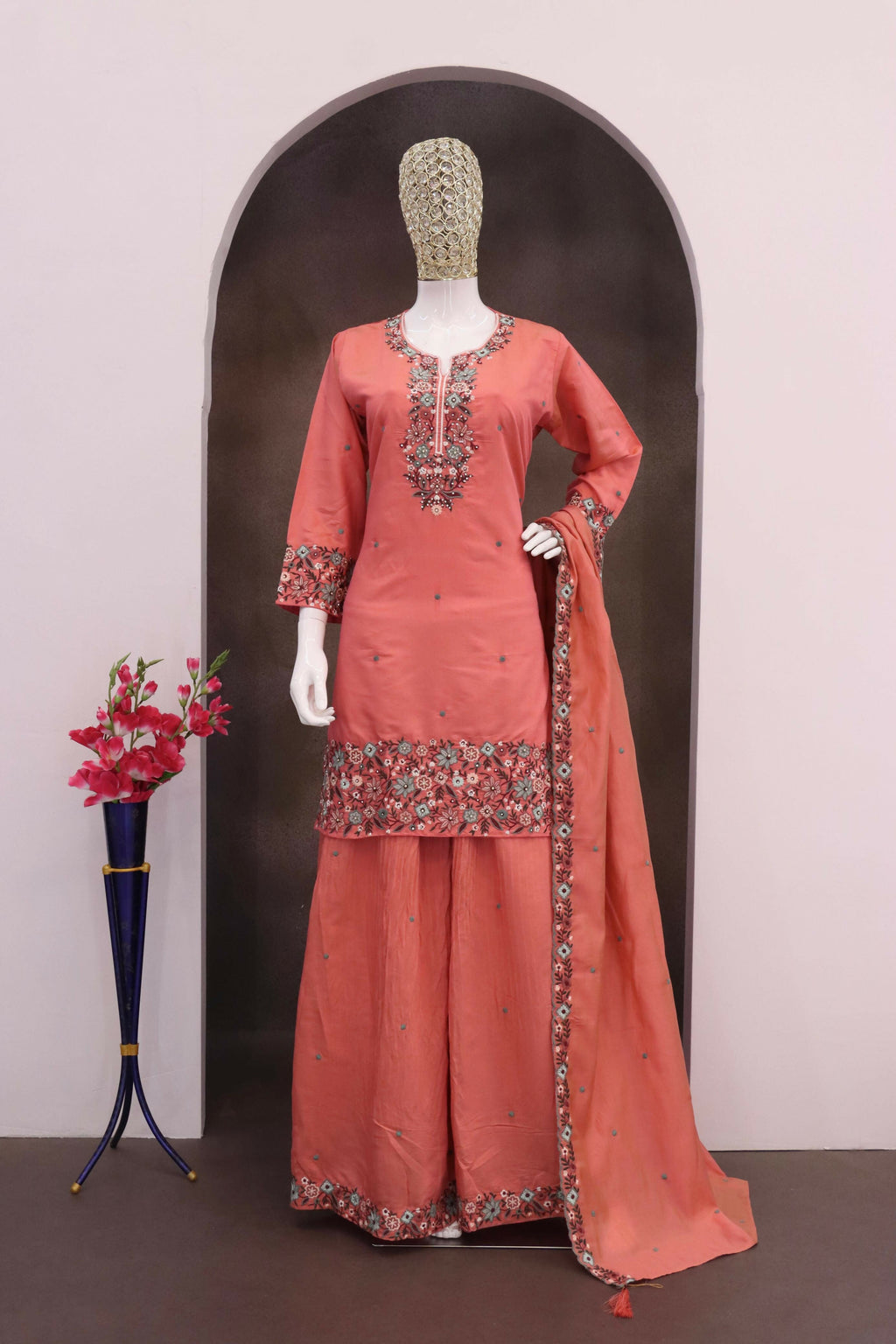 Anaita Peach Simar with Embroidery Multi & Zarkhan Work Readymade Palazzo suit - Distacart