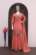 Anaita Peach Simar with Embroidery Multi & Zarkhan Work Readymade Palazzo suit - Distacart