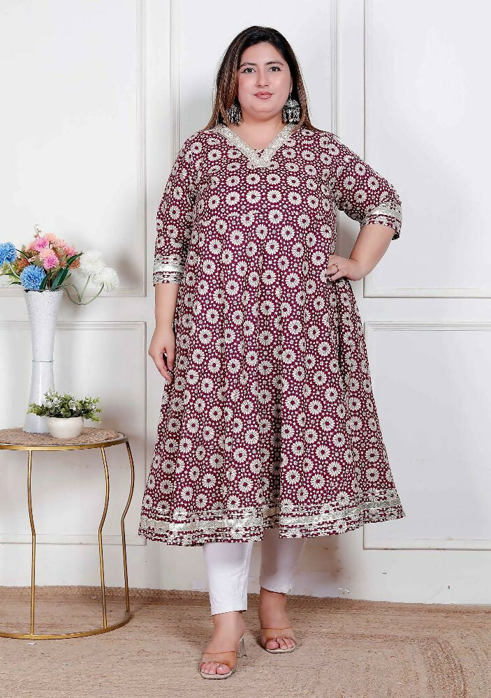 Miravan Plus Size Women'S Cream Embroidered Cotton Anarkali Kurta  - Distacart