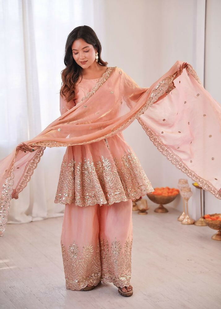 Teeya Creation Light Peach Color Fendy Satin Silk Embroidery Work Party Wear Salwar Suit - Distacart