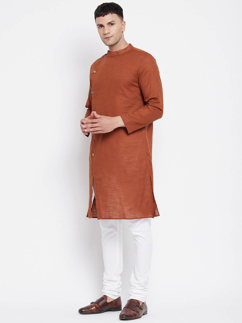 Even Apparels Brown Pure Cotton Men's Sherwani Kurta With Asymetrical Cut - Distacart