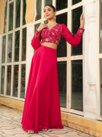 Janasya Pink Georgette Embroidered Top & Skirt