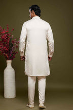 Raivat Ethnic Art Banarasi Silk Thread Work Kurta Pajama In Cream Colour