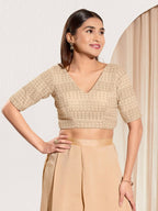Joban Fashion Gold Crochet Padded Blouse With V Neck Elbow Sleeves - Distacart